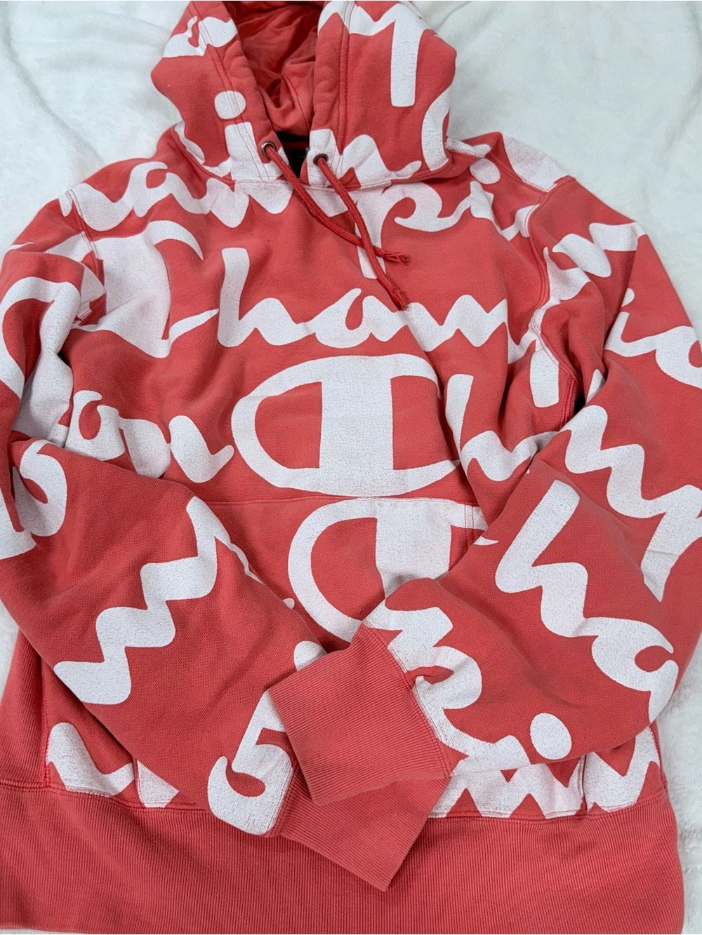 Champion Coral and White Script Logo Pullover Hoodie